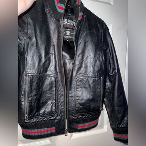 Knolls & Carter Black leather jacket with red and green stripes